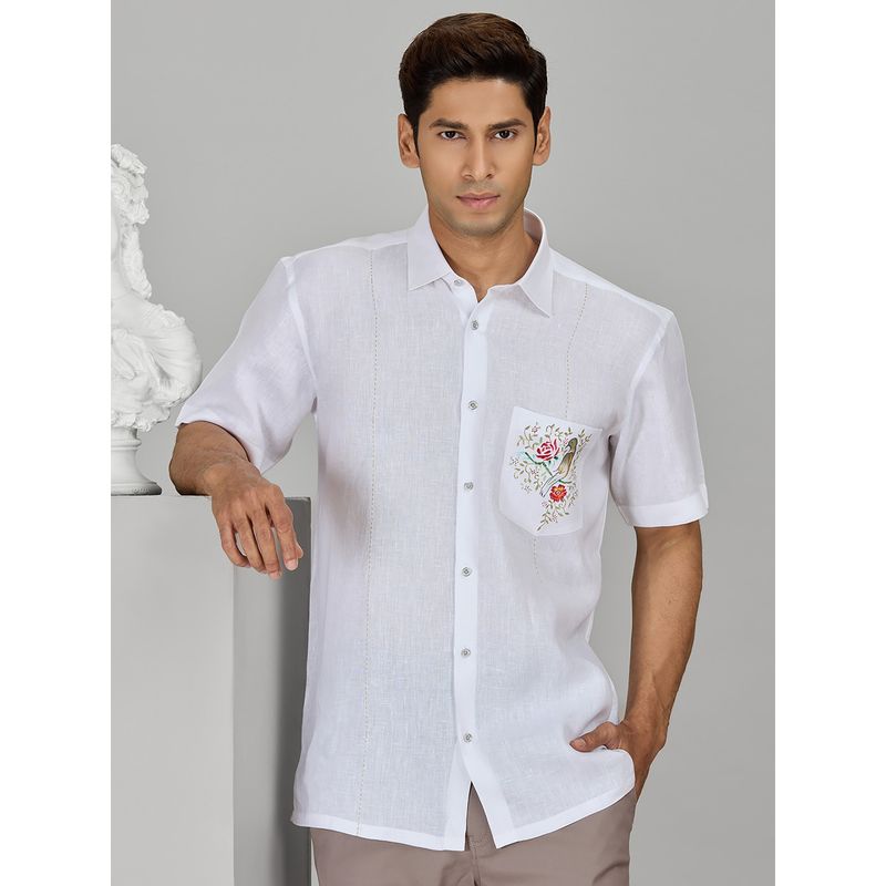 Albino White Linen Casual Half Sleeves Shirt (M)