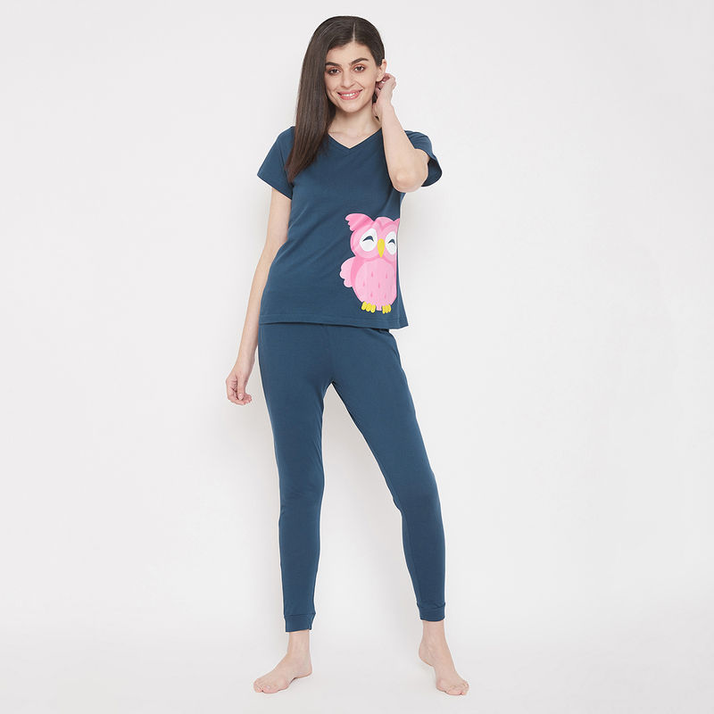 Clovia Owl Print Top & Pyjama in Navy - 100% Cotton (XL)