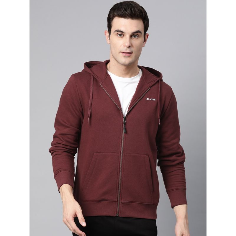 Alcis Maroon Typography Printed Hooded Tailored Jacket (L)