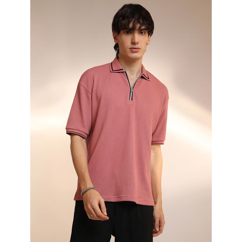 Campus Sutra Mens Salmon Pink Micro-Waffle Textured Polo T-Shirt (M)