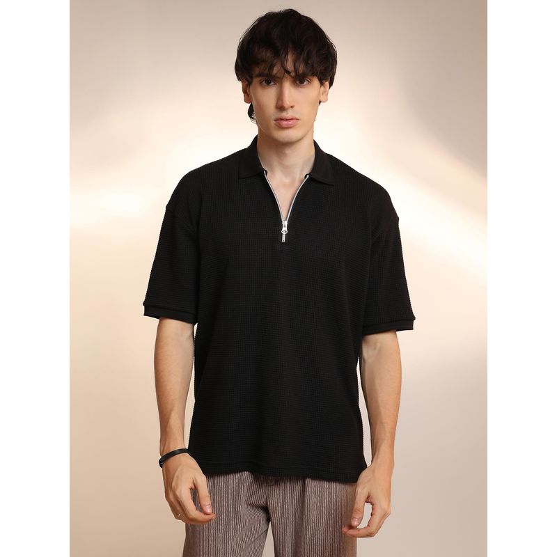 Campus Sutra Mens Onyx Black Micro-Waffle Textured Polo T-Shirt (S)