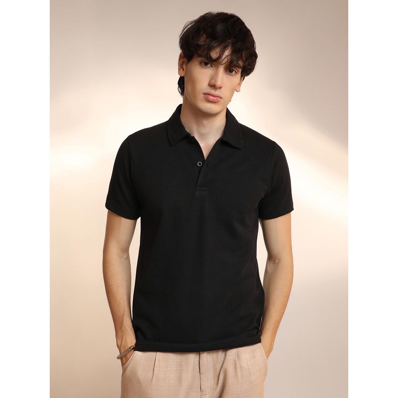 Campus Sutra Mens Onyx Black Ribbed Polo T-Shirt (XL)