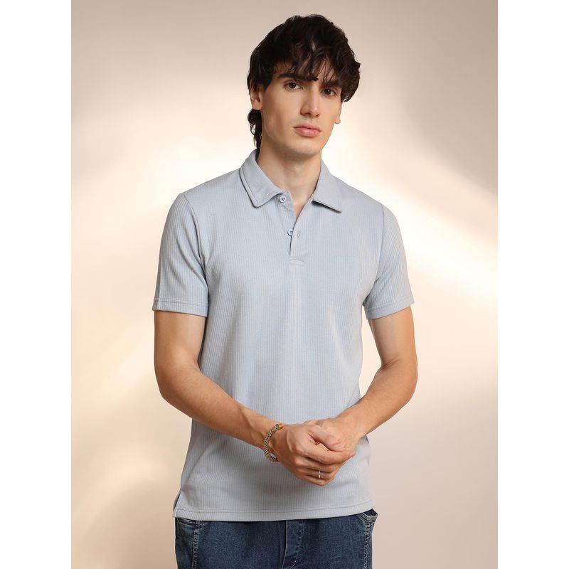 Campus Sutra Mens Icy Grey Ribbed Polo T-Shirt (L)