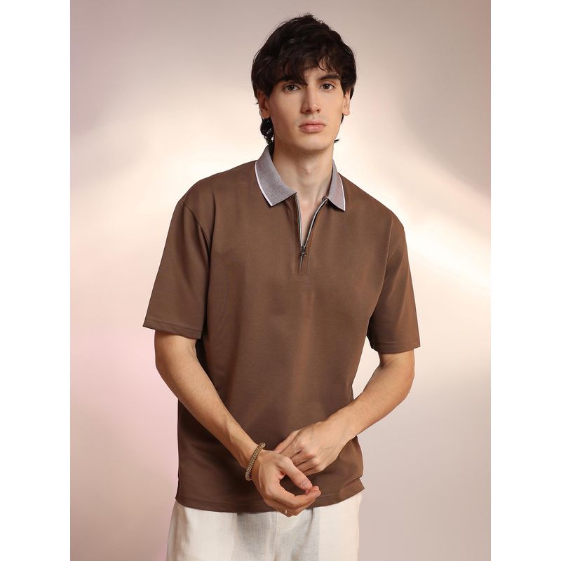 Campus Sutra Mens Chocolate Brown Solid Oversized Polo T-Shirt (S)