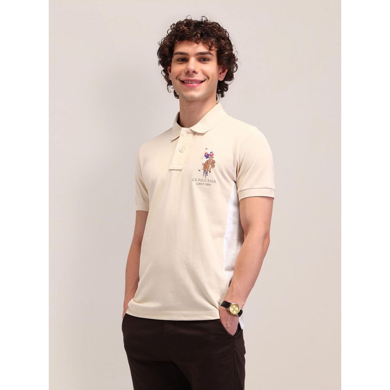U.S. POLO ASSN. Cream Textured Slim Fit Polo T-Shirts (M)