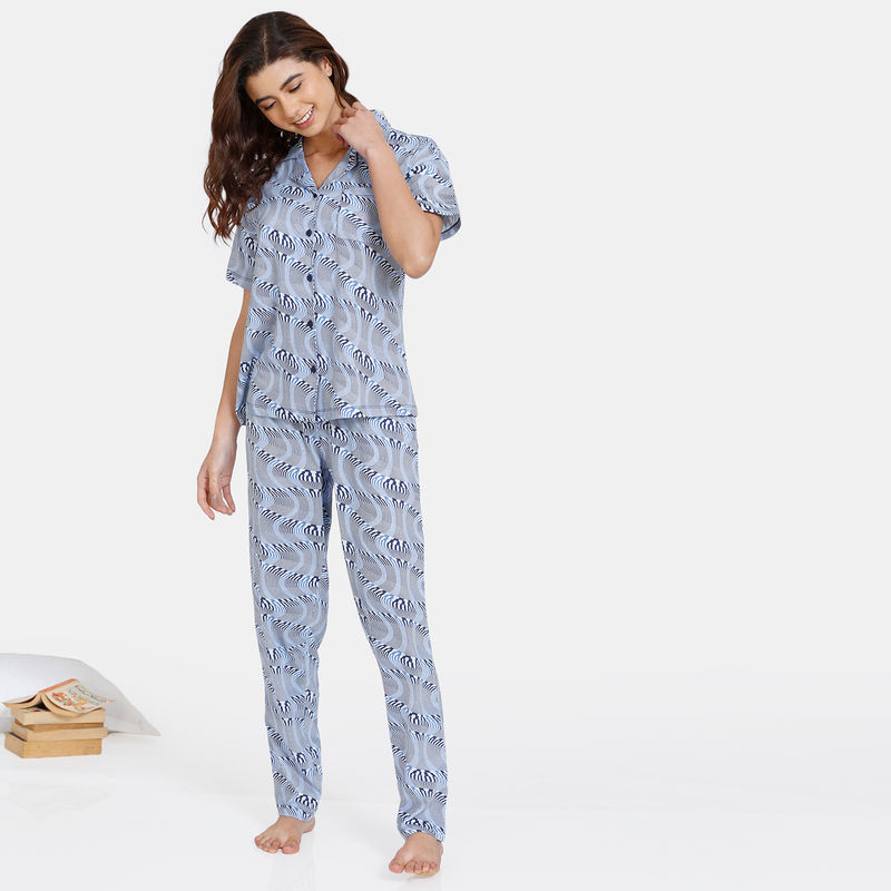 Buy Zivame Optics Fun Knit Cotton Pyjama Set -Medieval Blue Online