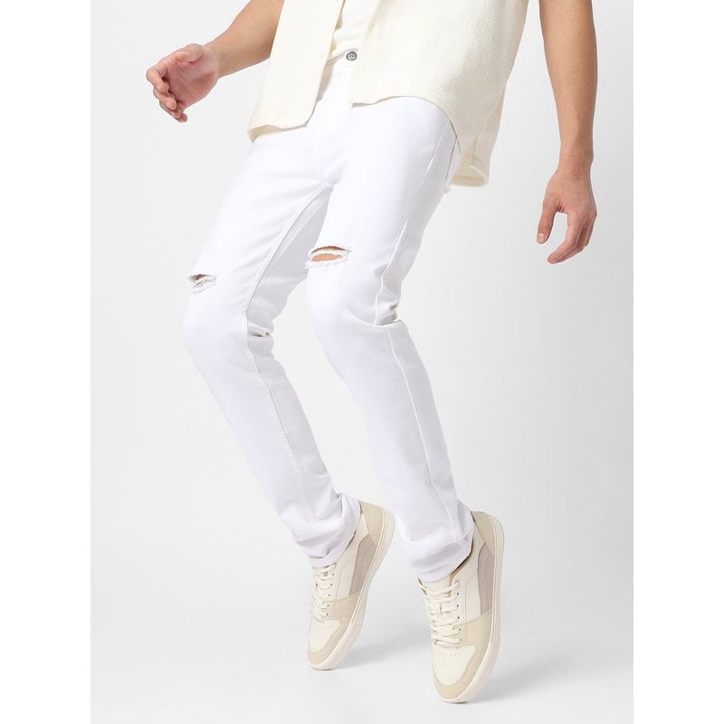 Urbano Fashion Men White Slim Fit Knee Slit Distressed Jeans Stretch (30)