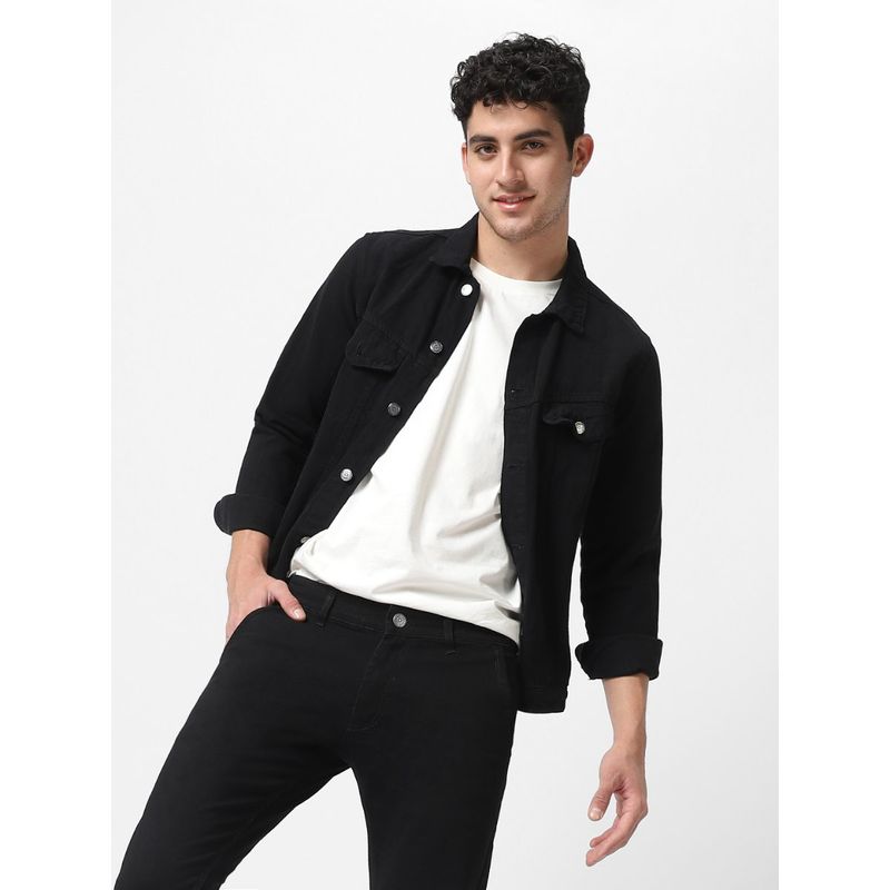 Urbano Fashion Men's Black Regular Fit Washed Full Sleeve Denim Jacket (XL)