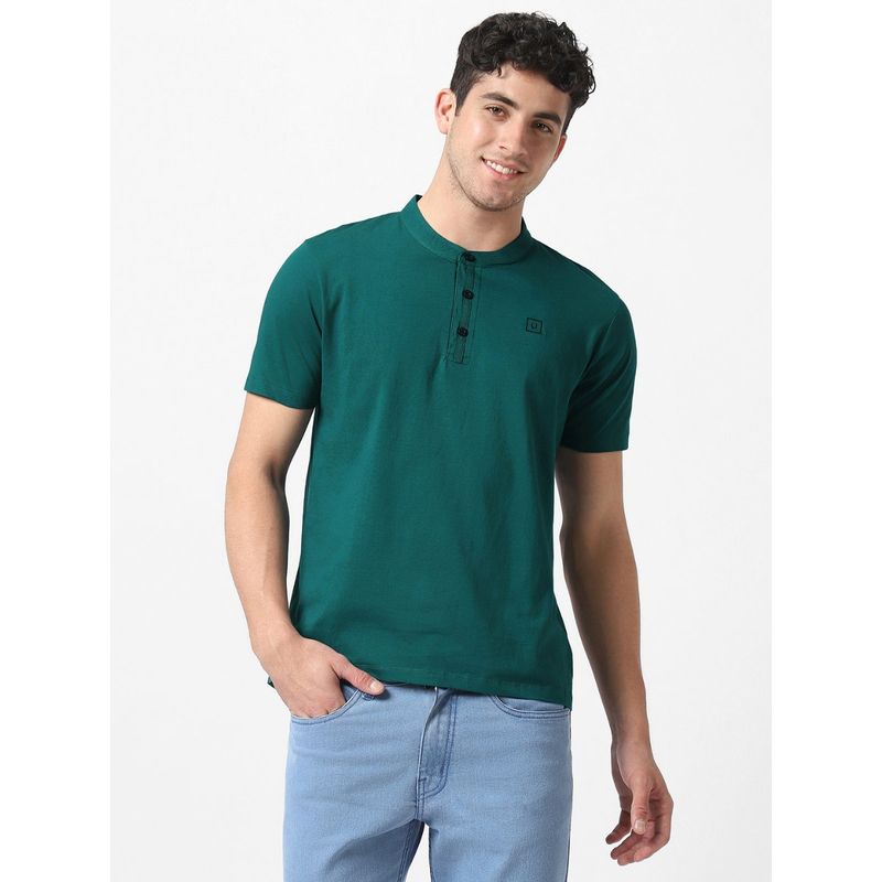 Urbano Fashion Men Dark Green Solid Mandarin Collar Cotton T-Shirt (XL)