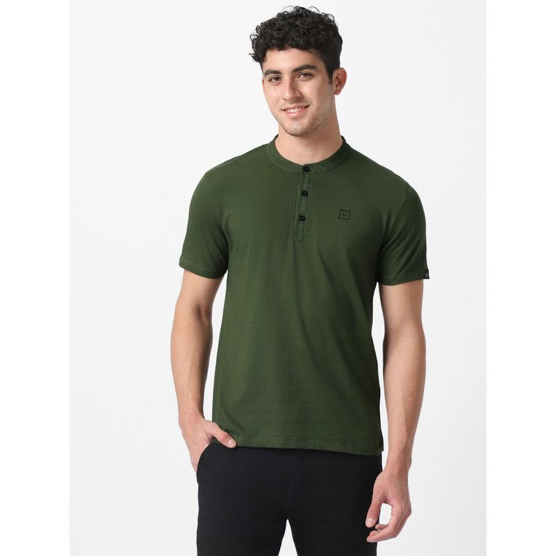 Urbano Fashion Men Olive Green Solid Mandarin Collar Cotton T-Shirt (M)