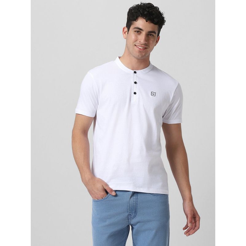 Urbano Fashion Men White Solid Mandarin Collar Cotton T-Shirt (L)