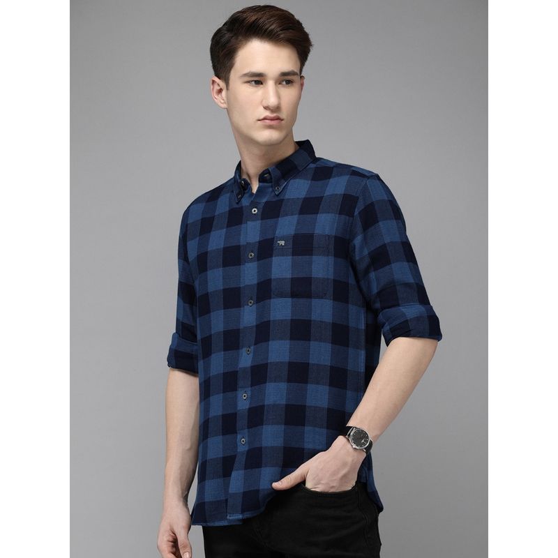 THE BEAR HOUSE Men Navy Blue Slim Fit Checked Flannel Cotton Casual Shirt (3XL)