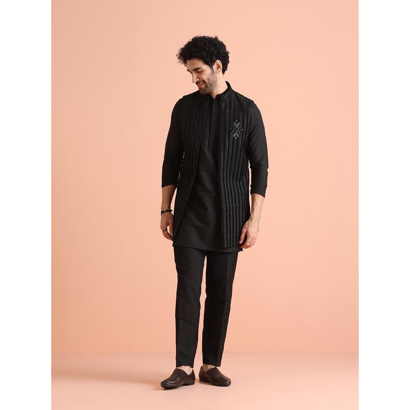 KISAH Men Black Embroidered Kurta with Jacket and Trouser (Set of 3) (44)
