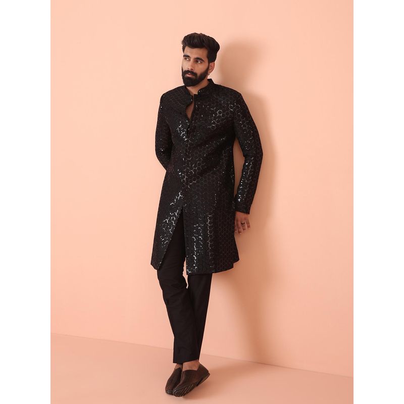 KISAH Men Black Embellished Indowestern Sherwani with Trouser (Set of 2) (38)