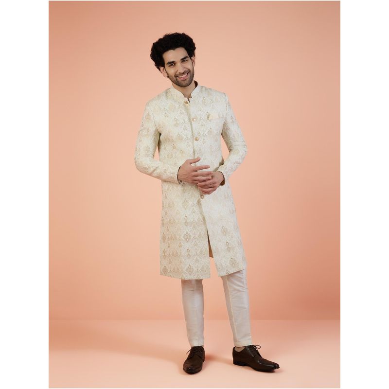 KISAH Men Off White Woven Design Indowestern Sherwani with Trouser (Set of 2) (38)