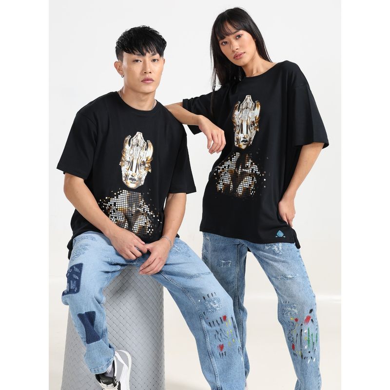 NoBiY Unisex Round Neck Black T-Shirt With Sticker Print (L)