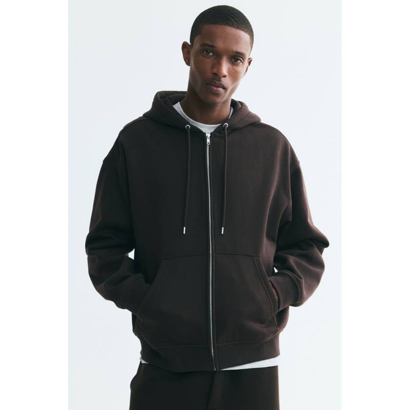 H&M Men Brown Loose Fit Zip-Through Hooded Jacket (M)
