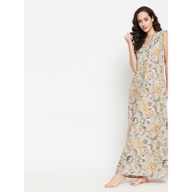 Clovia Pretty Florals Long Nighty In Beige - Cotton (M)