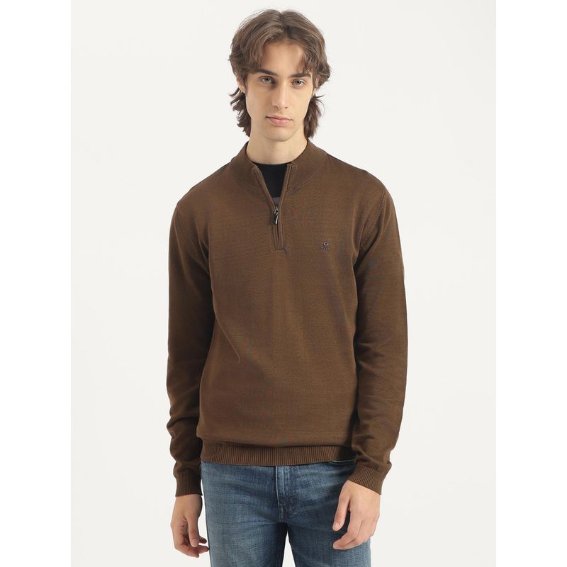 United Colors of Benetton Brown Regular Fit High Neck Solid Zipped Up Sweater (3XL)