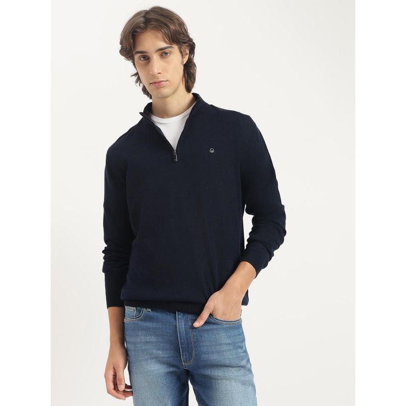 United Colors of Benetton Navy Blue Regular Fit High Neck Solid Zipped Up Sweater (M)