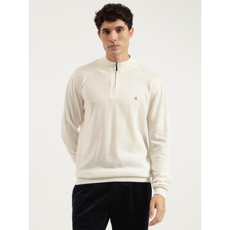 United Colors of Benetton Off White Regular Fit High Neck Solid Zipped Up Sweater (L)