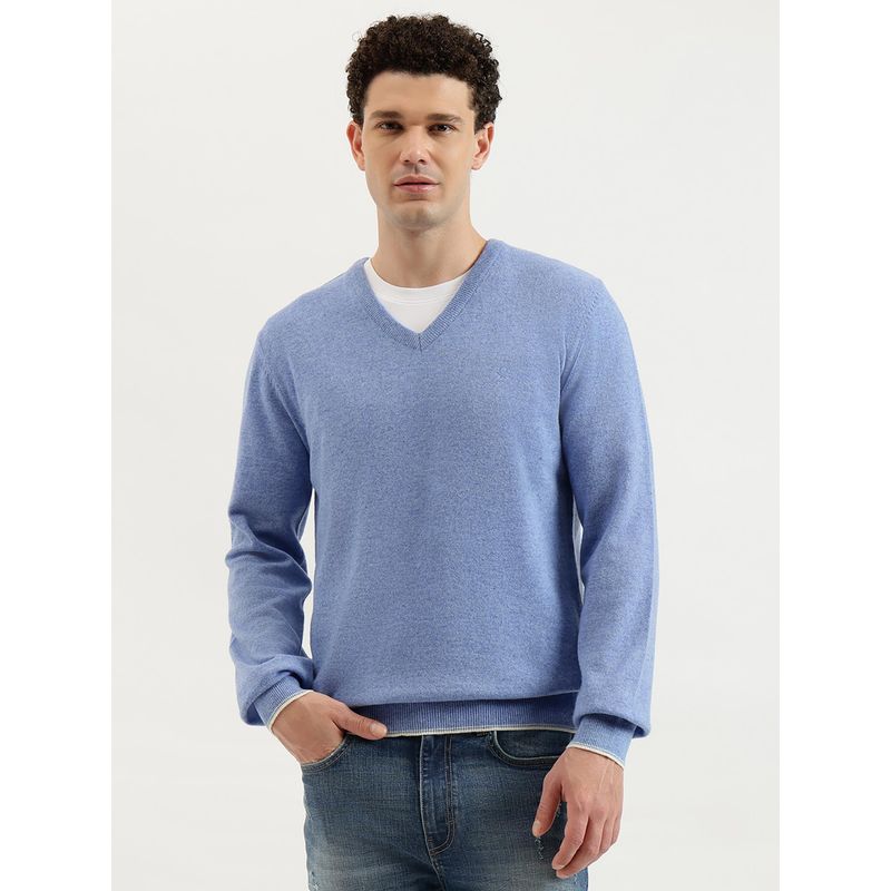 United Colors of Benetton Blue Regular Fit V-Neck Solid Lambswool Pullover Sweater (XL)