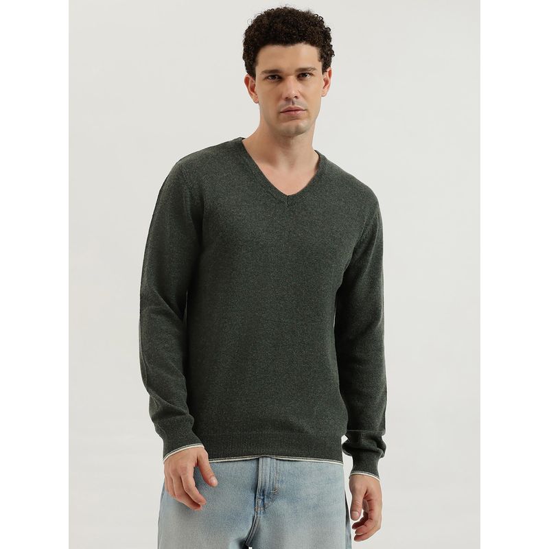 United Colors of Benetton Olive Regular Fit V-Neck Solid Lambswool Pullover Sweater (S)