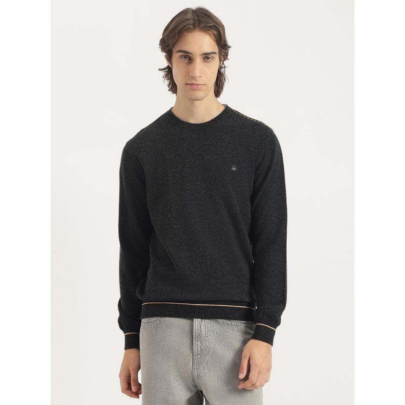 United Colors of Benetton Black Regular Fit Crew Neck Solid Lambswool Sweater (XL)