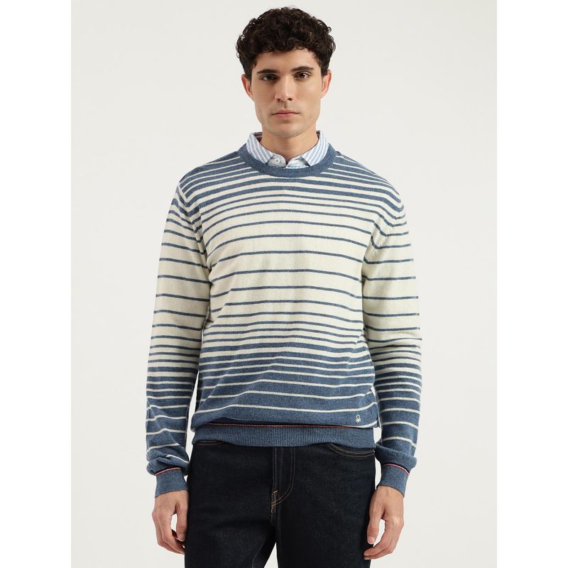 United Colors of Benetton Blue Regular Fit Crew Neck Striped Gradation Lambswool Sweater (XL)