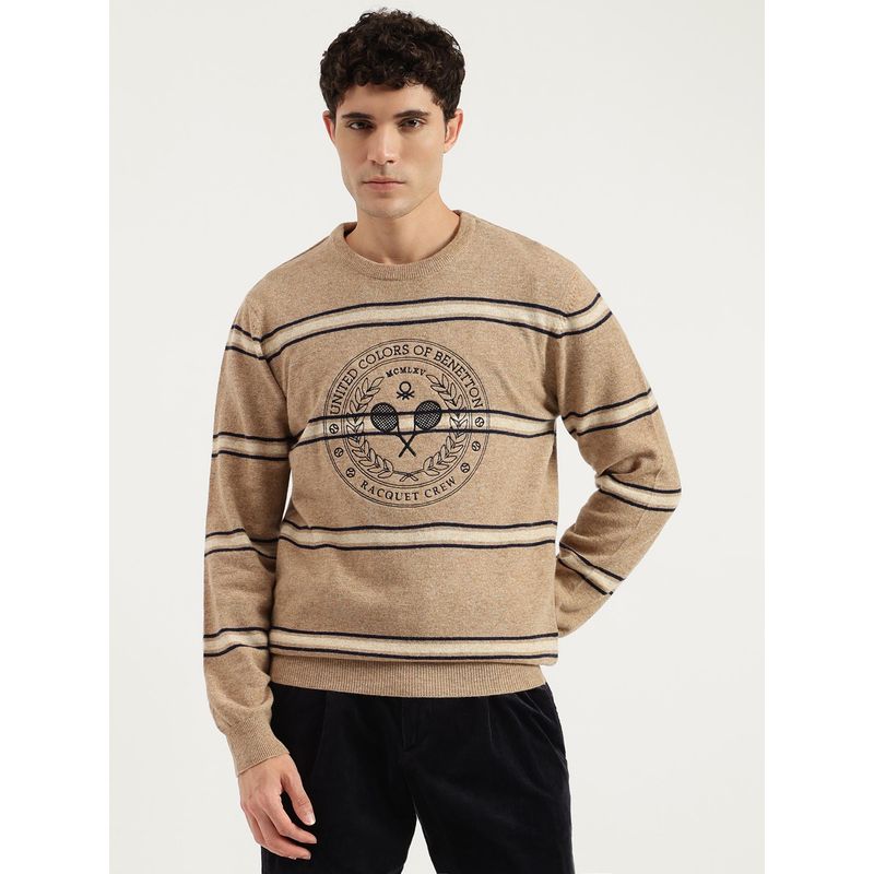 United Colors of Benetton Beige Regular Fit Crew Neck Striped Lambswool Sweater (XL)