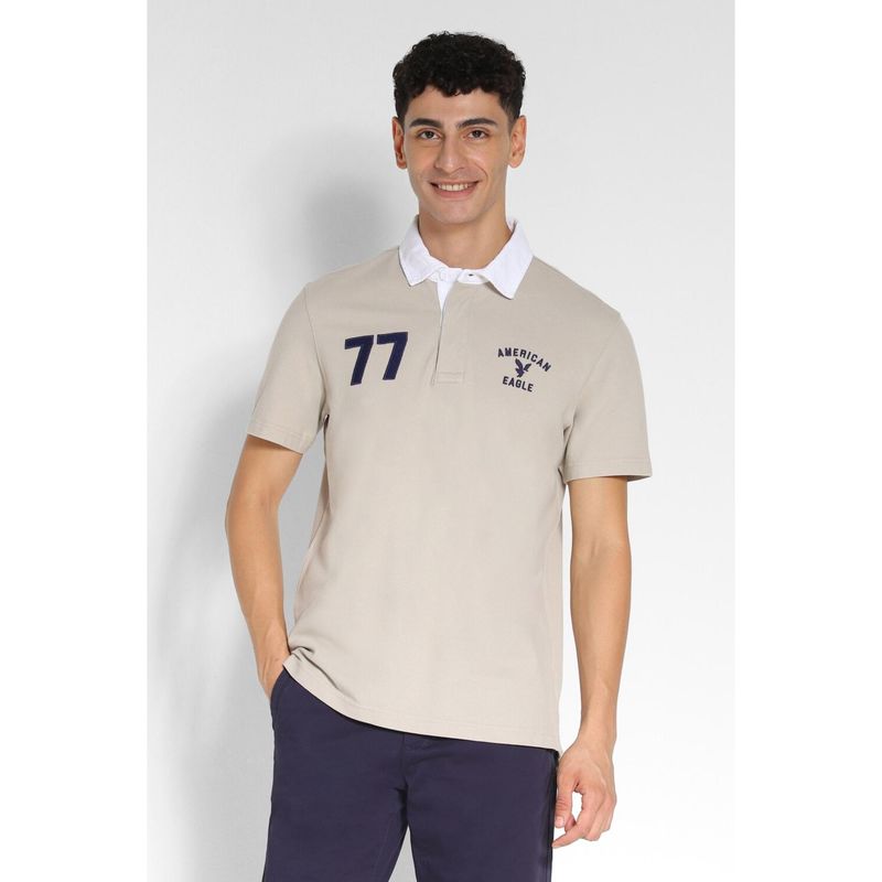 American Eagle Men Beige Solid Collar Neck Regular Fit Polo T-Shirt (2XL)
