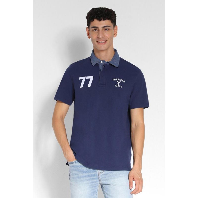 American Eagle Men Navy Blue Solid Collar Neck Regular Fit Polo T-Shirt (L)