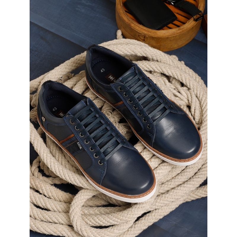 EZOK Men Navy Blue Lace Up Textured Leather Sneakers (UK 10)