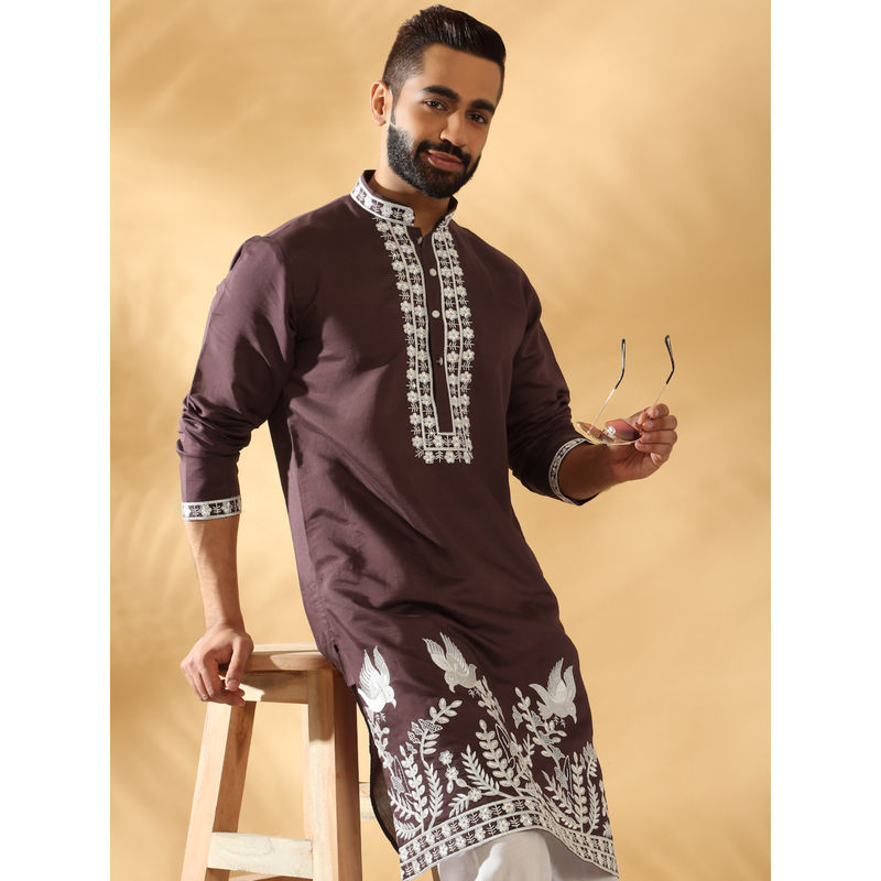 KRAFT INDIA LUXE Men Wine Cotton Silk Embroidered Floral Kurta (40)