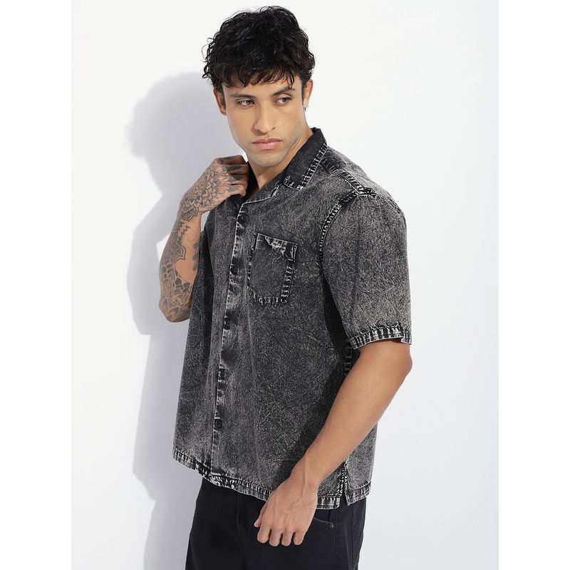 Difference of Opinion Men Black Cotton Solid Boxy Fit Shirt (S)