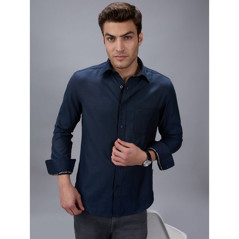 Kenneth Cole Men Navy Blue Cotton Blend Solid Slim Fit Shirt (S)