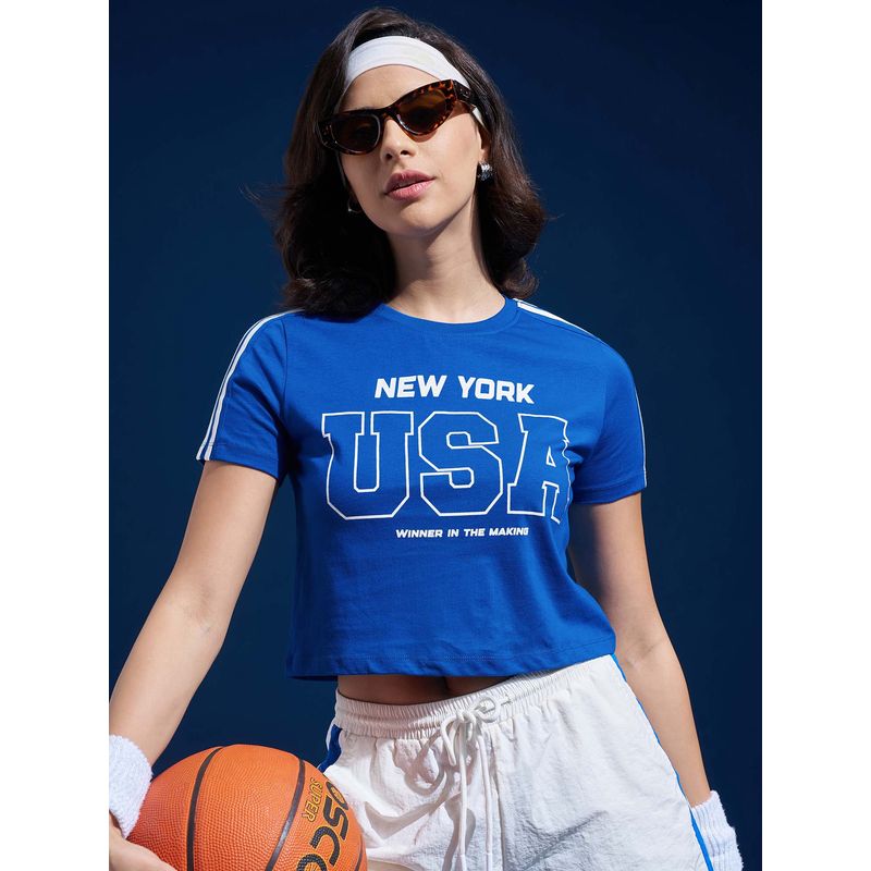 TOKYO TALKIES Women Blue Round Neck Fitted Crop T-Shirt (L)