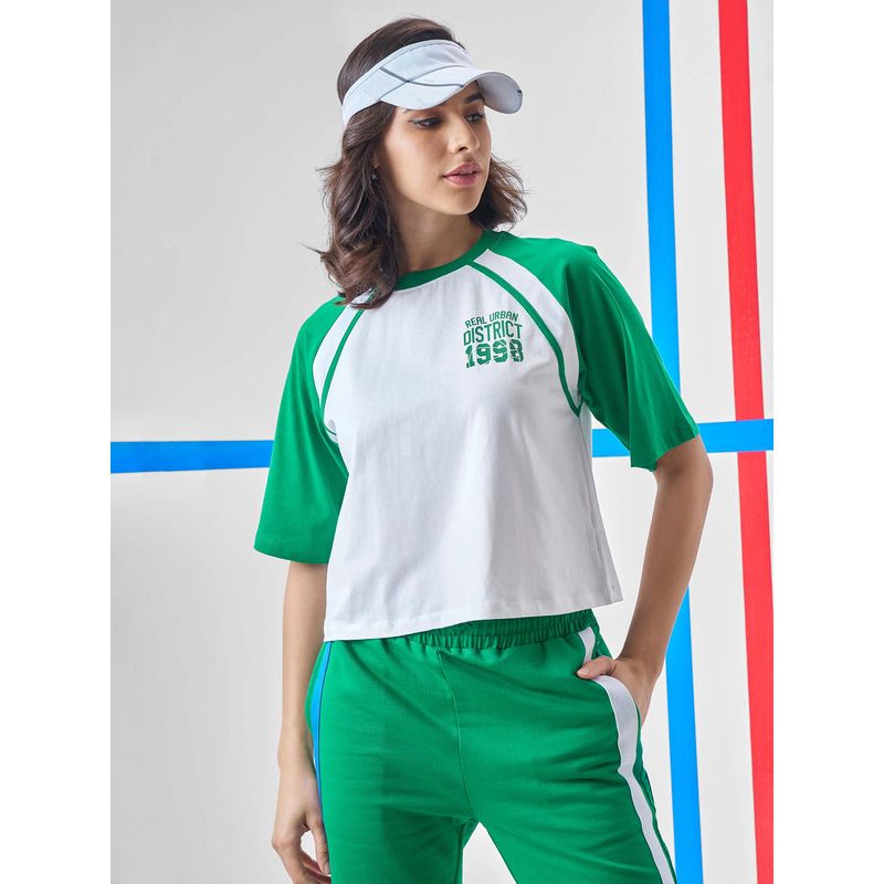 TOKYO TALKIES Women White Green Colorblock Raglan Sleeve Graphic T-Shirt (L)