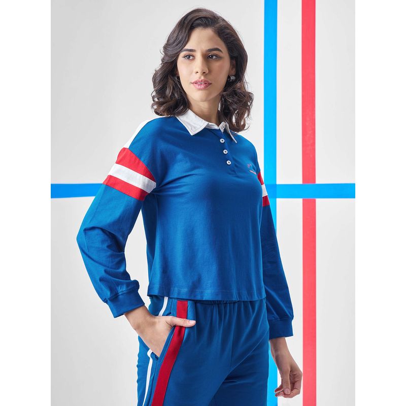 TOKYO TALKIES Women Blue White Graphic Polo T-Shirt (L)