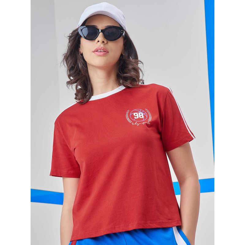 TOKYO TALKIES Women Red Round Neck Printed Oversized T-Shirt (L)