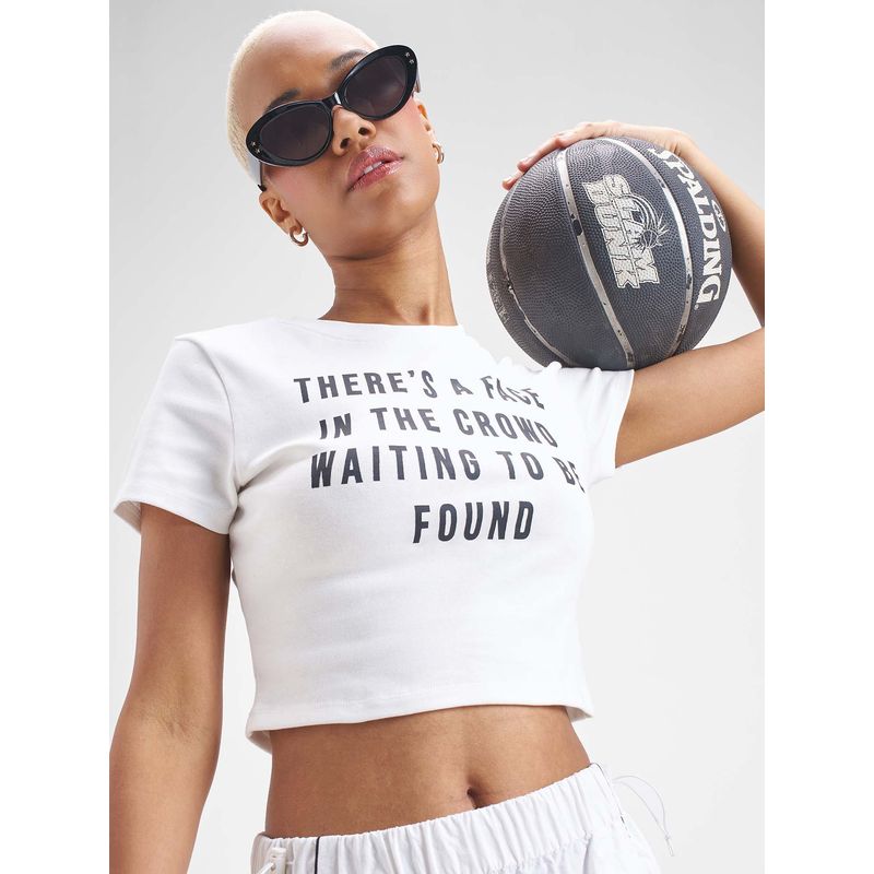 TOKYO TALKIES Women White Typography Chest Printed Rib Crop T-Shirt (L)