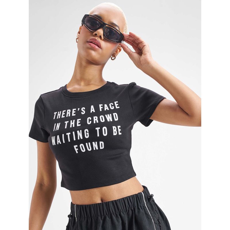 TOKYO TALKIES Women Black Typography Chest Printed Rib Crop T-Shirt (L)