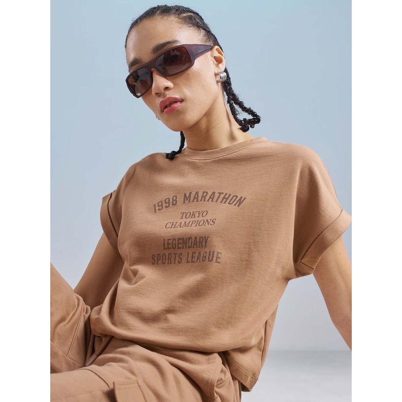 TOKYO TALKIES Women Brown Round Neck Extended Sleeve Relaxed T-Shirt (L)
