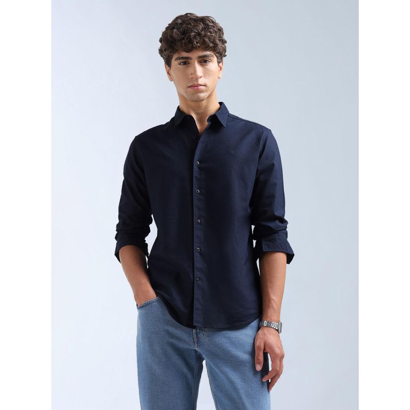 Flying Machine Navy Blue Slim Fit Pure Cotton Shirt (44)