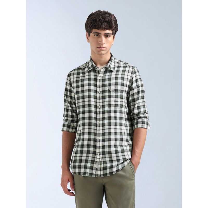 Flying Machine Green Plaid Checked Twill Shirt (46)