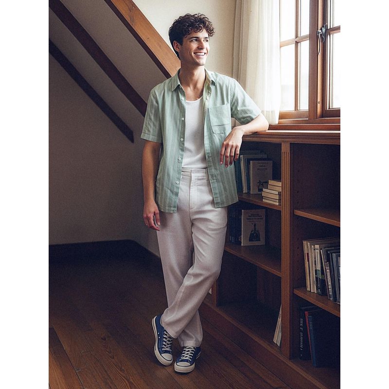 Flying Machine Green Vertical Striped Relaxed Fit Shirt (42)