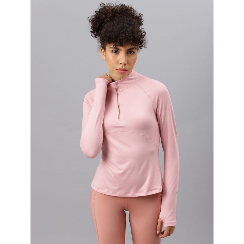 Fitkin Women Pink Zipper High Neck T-Shirt (S)