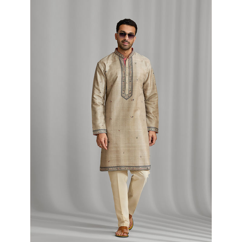 Kora by Nilesh Mitesh Beige Printed Mandarin Neck Kurta With Pant (40)