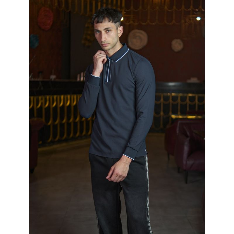 Odette Franco Navy Blue Polyester Rib Lycra Solid Polo T-Shirt for Men (M)