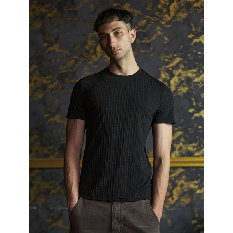 Odette Franco Black Polyester Lycra Crinkled T-Shirt for Men (M)